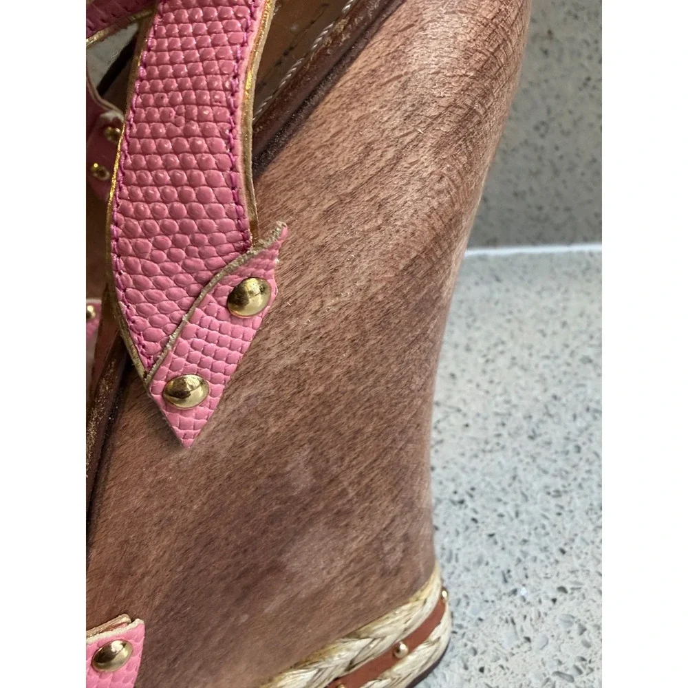 Dolce & Gabbana Pink Lizard Embossed Wood Wedge Sandals Studded Platform 41